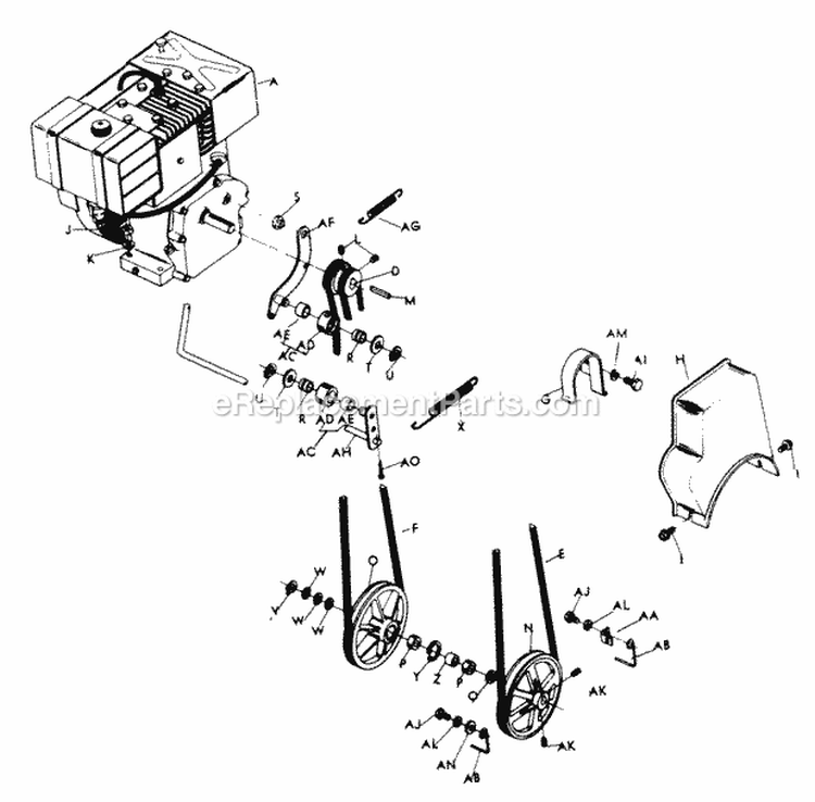 Engine, Primary Drive & Clutch Diagram and Parts List for 2680B 600000001-699999999 - 1976 Lawn Boy Snow Blower